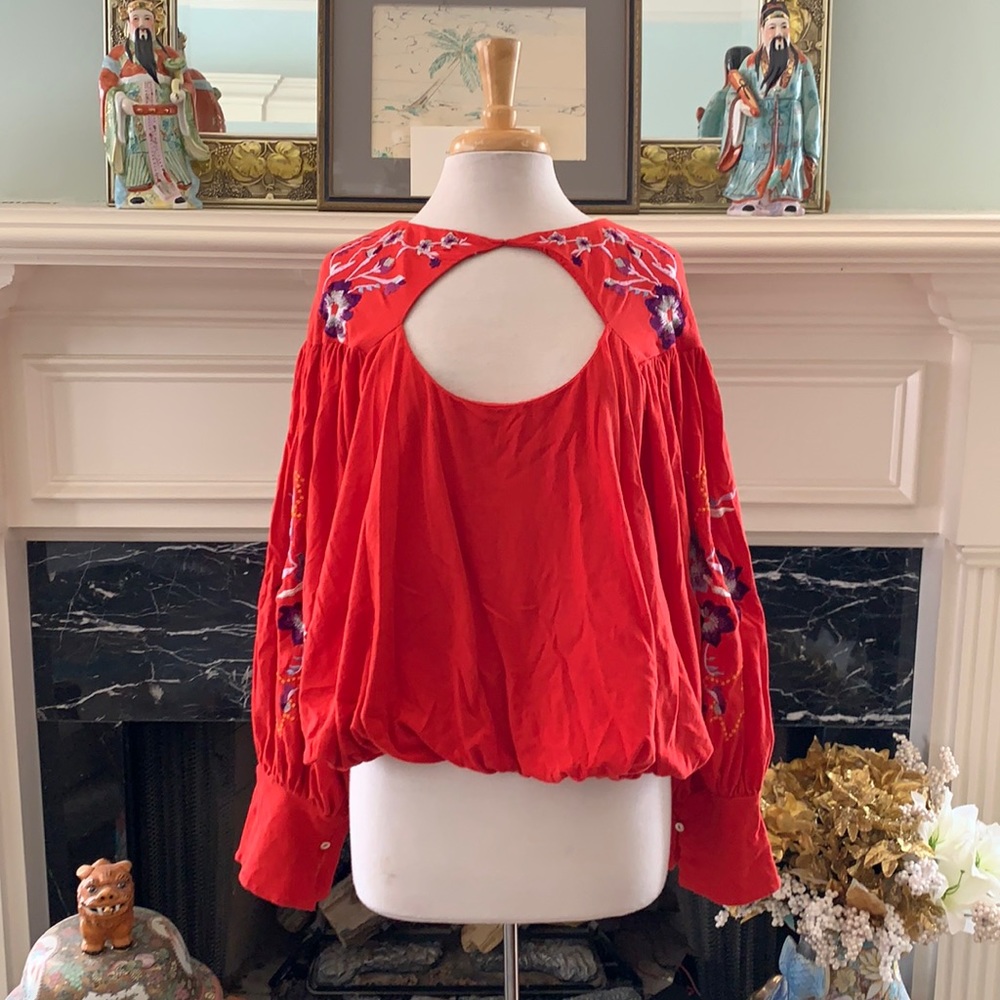 “Free People” red embroidered open back top